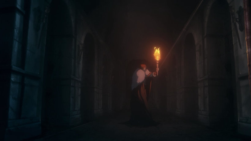 Trevor Belmont holding a torch in a hallway