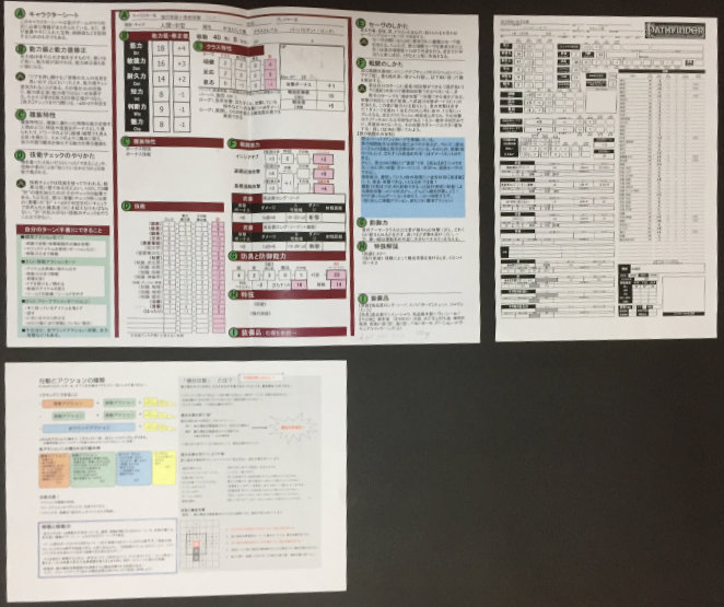 Annotated character sheet top left, regular character sheet top right, and rules summary bottom left.