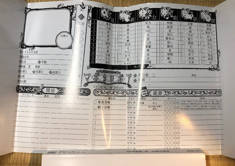 The Magicalogia (マギカロギア) dust jacket doubles as a character sheet
