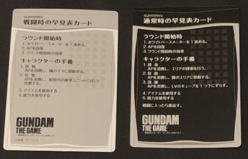 Reference cards are double-sided. The black side is normal gameplay and the grey side combat.