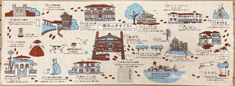 Places around Yamate in Yokohama on off white cloth. Primarily red, white, and blue colors.