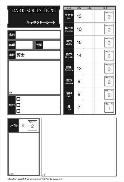 Character details and attributes portion of the character sheet.