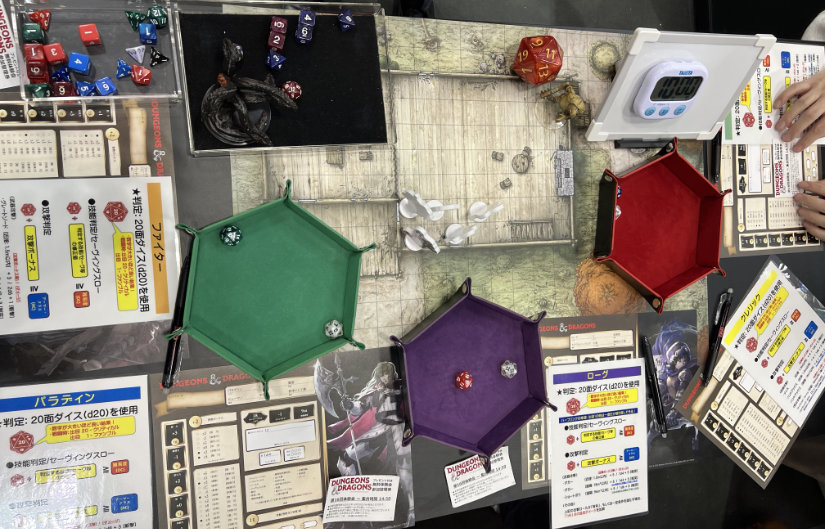 Sample session game table with map, character sheets, references, and timer.