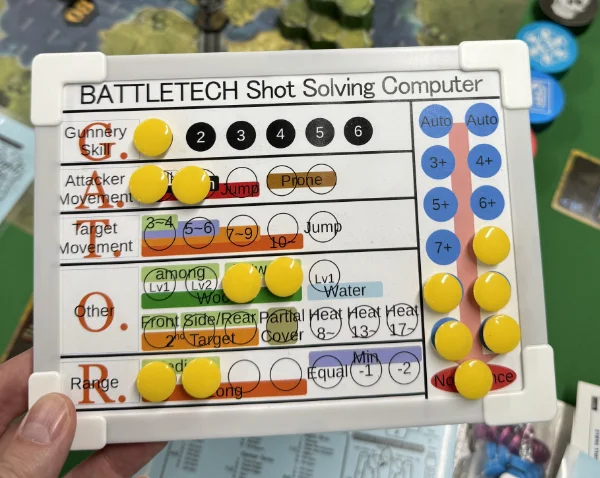 BattleTech shot solving computer made from 100 yen shop magnetic whiteboard and magnets.