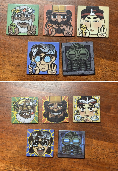 Front and back sides of the Gozoku and Dogu (bottom right) tiles.