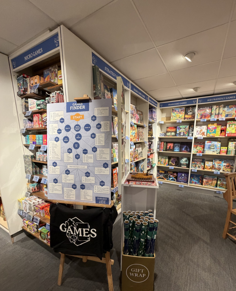 Shelves of board games with a charge helping identify the type of games you might like.