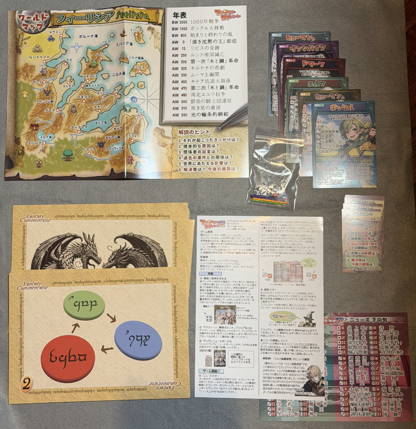 Game contents spread out on a cloth.
