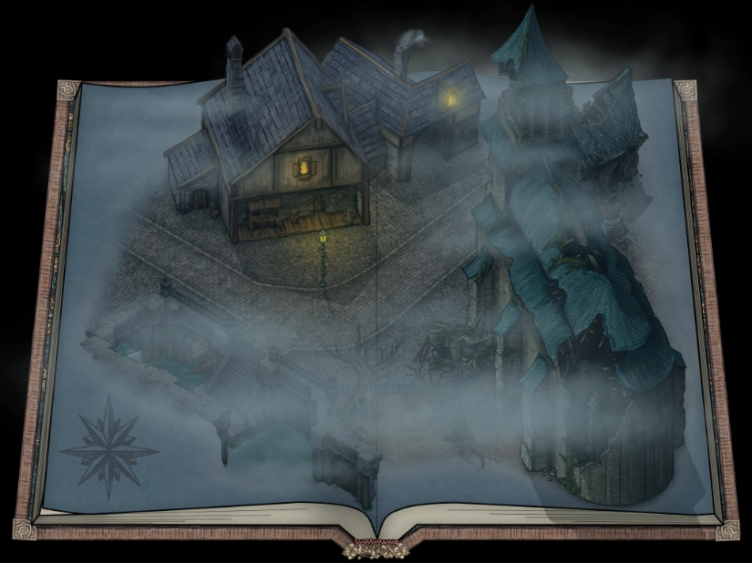 Mist covered buildings popping out of an open book.