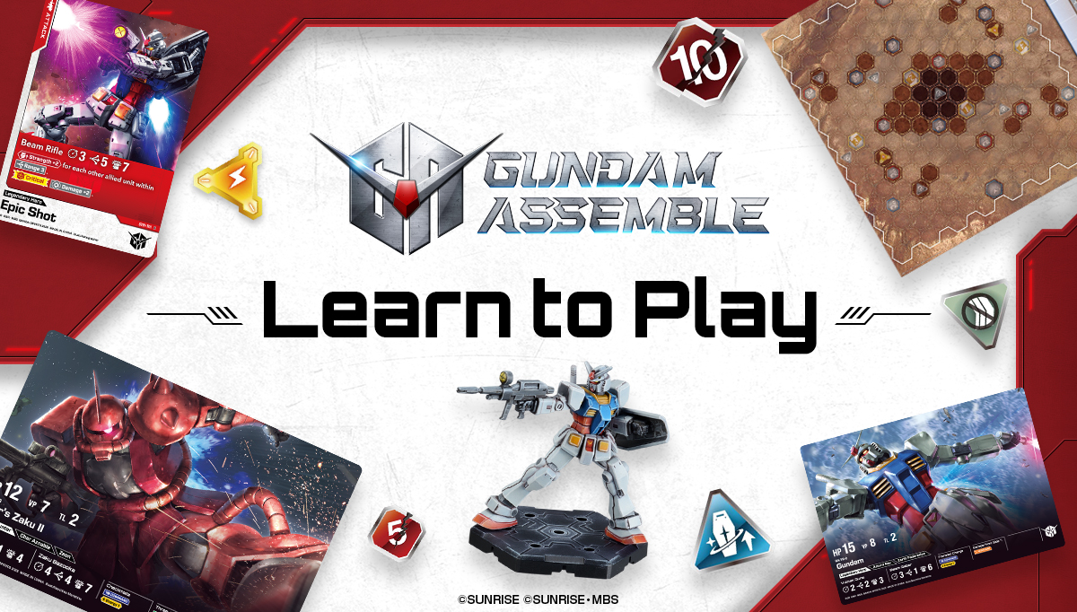 Gundam Assemble Learn to Play promo graphic showing miniature, cards map, and other assets.