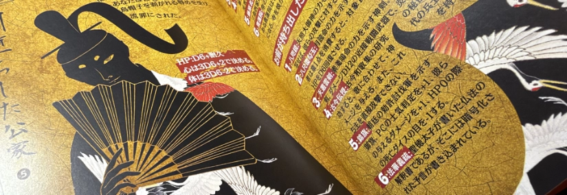 A diagonal photo showing an excerpt from the Japanese edition of Nobunaga's Black Castle.