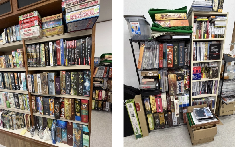 Two photos showing board games and TRPGs.